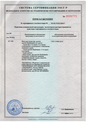 Сертификат на мясо кур. Приложение